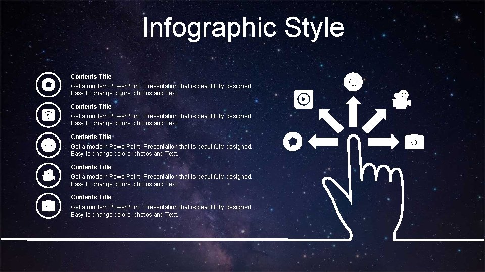 Infographic Style Contents Title Get a modern Power. Point Presentation that is beautifully designed.