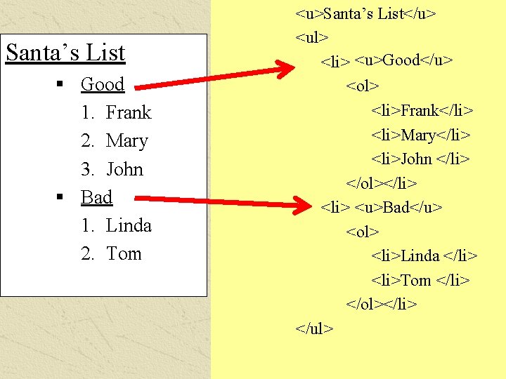 Santa’s List § Good 1. Frank 2. Mary 3. John § Bad 1. Linda