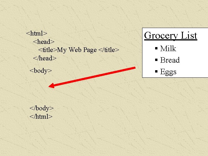 <html> <head> <title>My Web Page </title> </head> <body> </html> Grocery List § Milk §