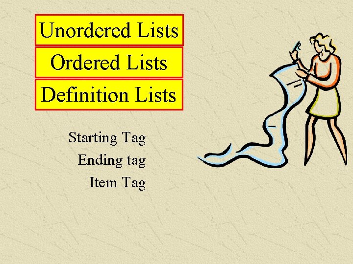 Unordered Lists Ordered Lists Definition Lists Starting Tag Ending tag Item Tag 