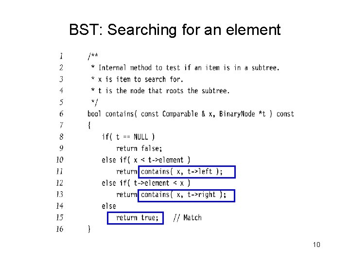 BST: Searching for an element 10 