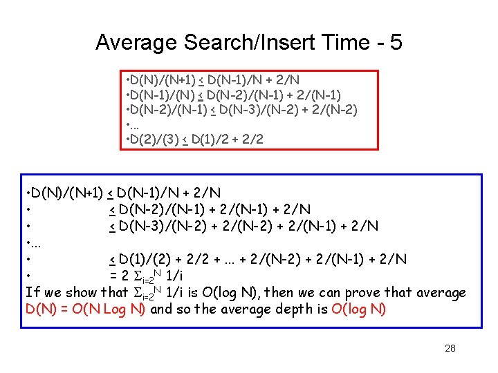 Average Search/Insert Time - 5 • D(N)/(N+1) < D(N-1)/N + 2/N • D(N-1)/(N) <