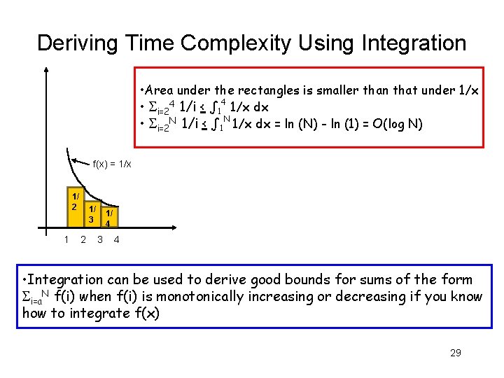 Deriving Time Complexity Using Integration • Area under the rectangles is smaller than that