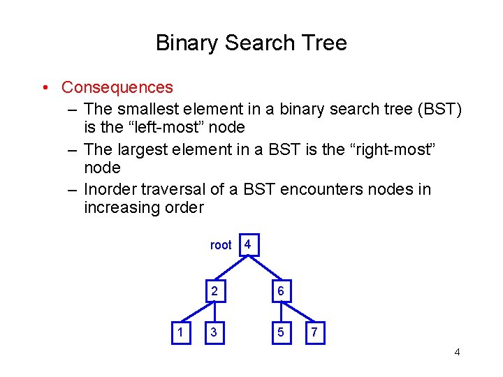 Binary Search Tree • Consequences – The smallest element in a binary search tree