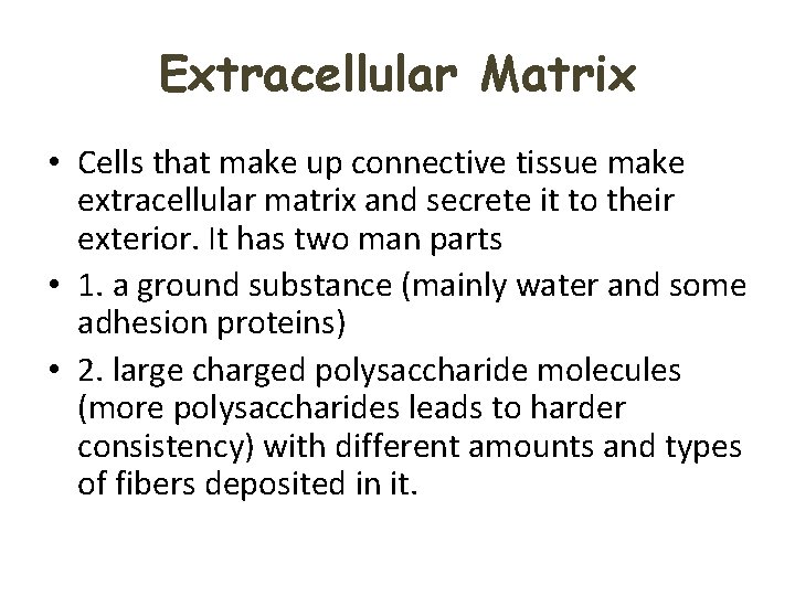 Extracellular Matrix • Cells that make up connective tissue make extracellular matrix and secrete Extracellular Matrix • Cells that make up connective tissue make extracellular matrix and secrete