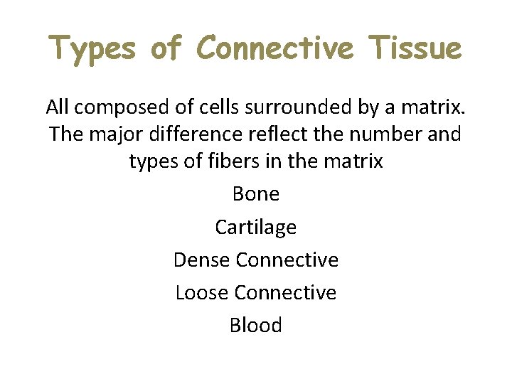 Types of Connective Tissue All composed of cells surrounded by a matrix. The major Types of Connective Tissue All composed of cells surrounded by a matrix. The major