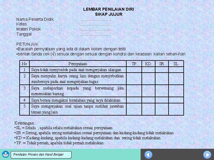 Nama Peserta Didik Kelas Materi Pokok Tanggal : : LEMBAR PENILAIAN DIRI SIKAP JUJUR