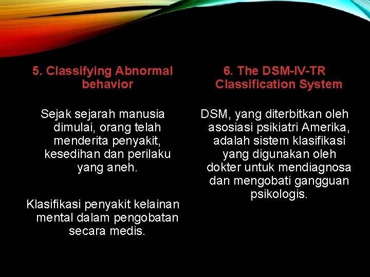 5. Classifying Abnormal behavior 6. The DSM-IV-TR Classification System Sejak sejarah manusia dimulai, orang