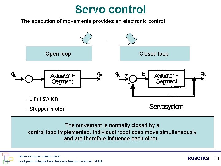Servo control The execution of movements provides an electronic control Open loop Closed loop