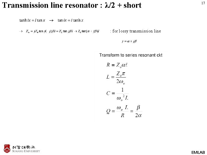 Transmission line resonator : λ/2 + short 17 : for lossy transmission line EMLAB