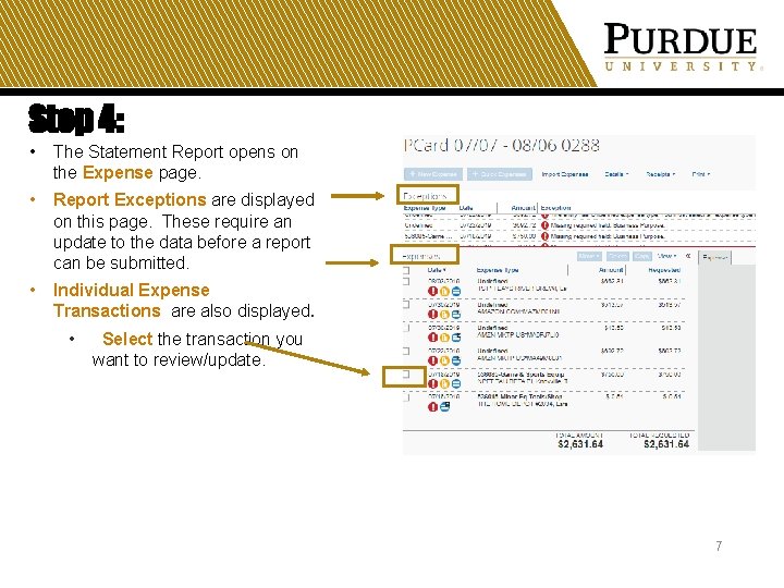 Step 4: • The Statement Report opens on the Expense page. • Report Exceptions