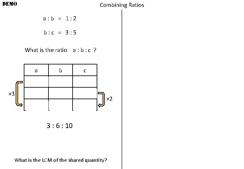 DEMO Combining Ratios a: b = 1: 2 b: c = 3: 5 What