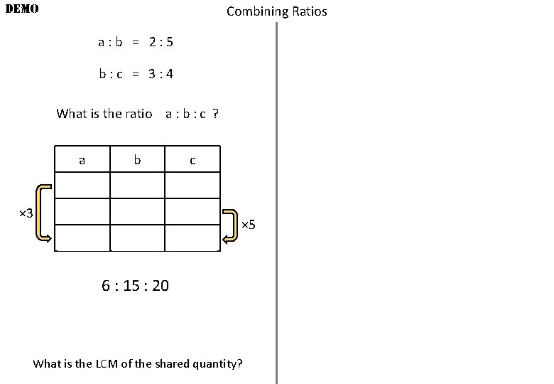 DEMO Combining Ratios a: b = 2: 5 b: c = 3: 4 What