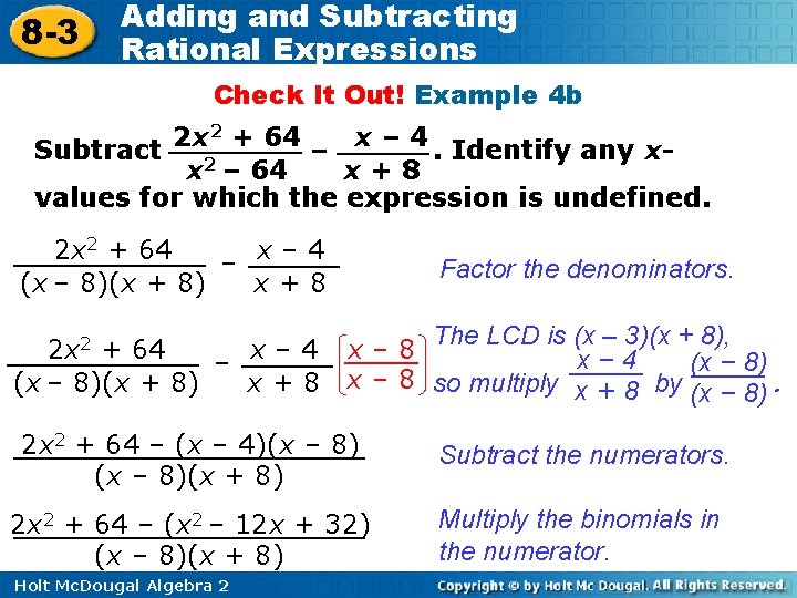 8 -3 Adding and Subtracting Rational Expressions Check It Out! Example 4 b 2