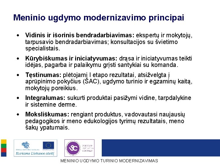 Meninio ugdymo modernizavimo principai · Vidinis ir išorinis bendradarbiavimas: ekspertų ir mokytojų, tarpusavio bendradarbiavimas;
