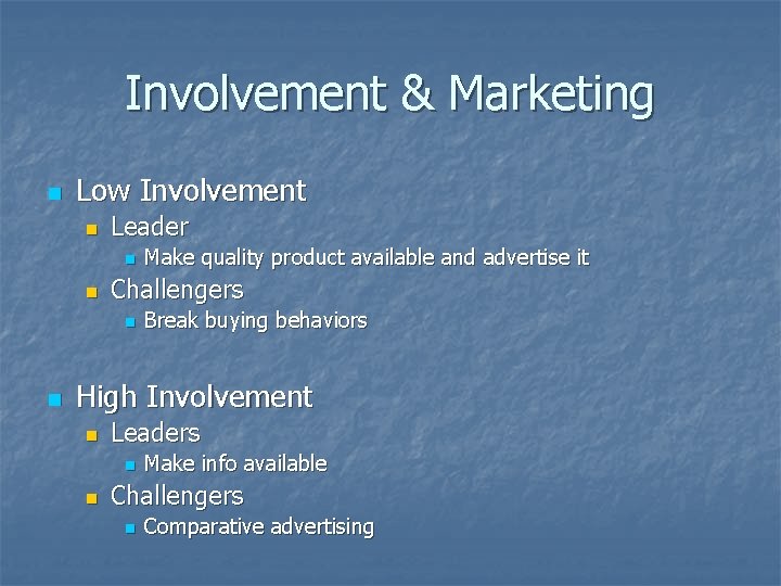 Involvement & Marketing n Low Involvement n Leader n n Challengers n n Make