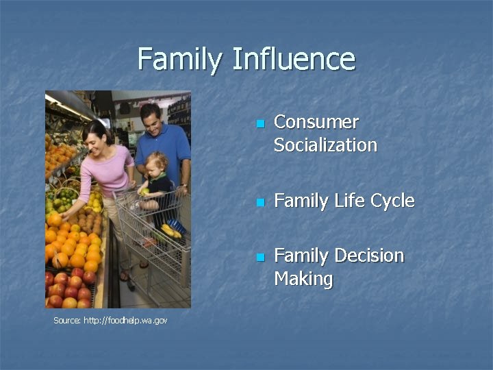 Family Influence n n n Source: http: //foodhelp. wa. gov Consumer Socialization Family Life