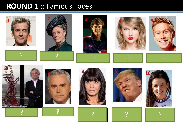 ROUND 1 : : Famous Faces 1 Peter ? Capaldi 6 2 Maggie ?