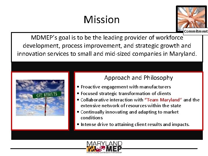 Mission Commitment MDMEP’s goal is to be the leading provider of workforce development, process