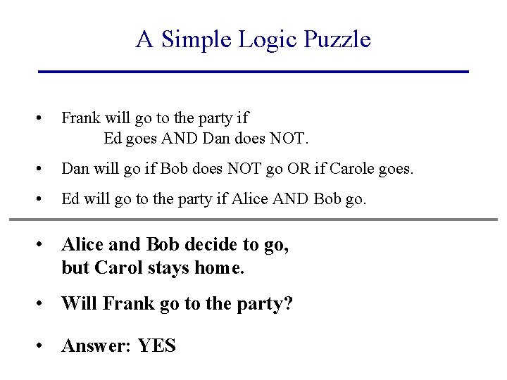 A Simple Logic Puzzle • Frank will go to the party if Ed goes