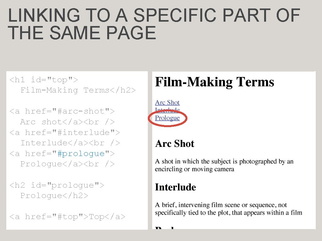 LINKING TO A SPECIFIC PART OF THE SAME PAGE <h 1 id="top"> Film-Making Terms</h