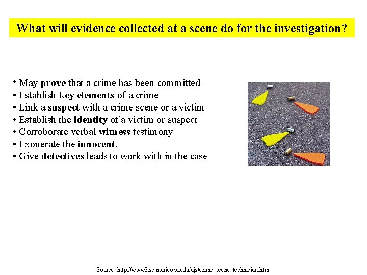 What will evidence collected at a scene do for the investigation? • May prove