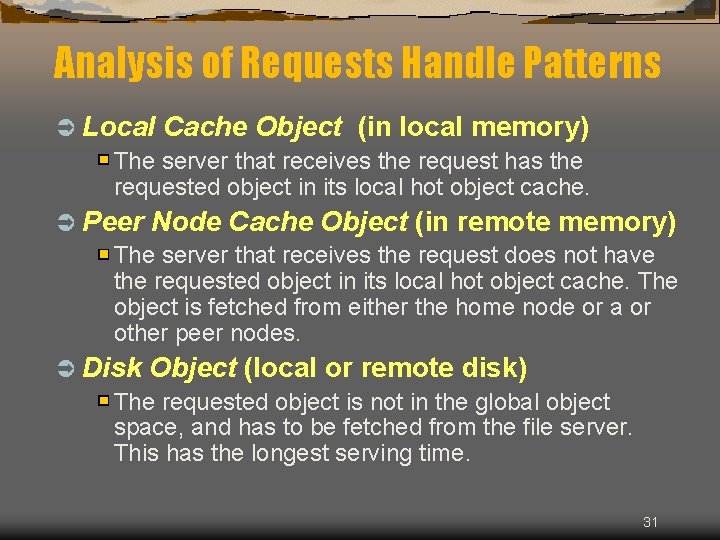 Analysis of Requests Handle Patterns Ü Local Cache Object (in local memory) The server