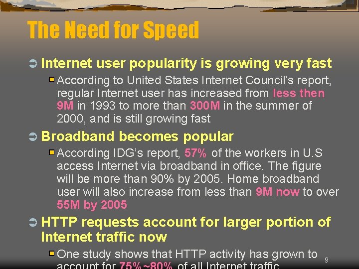 The Need for Speed Ü Internet user popularity is growing very fast According to