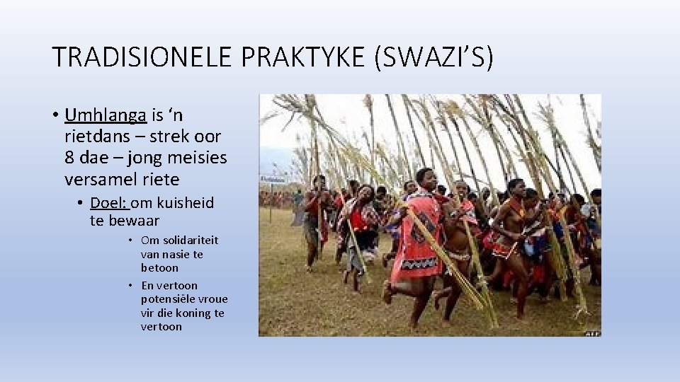 TRADISIONELE PRAKTYKE (SWAZI’S) • Umhlanga is ‘n rietdans – strek oor 8 dae –