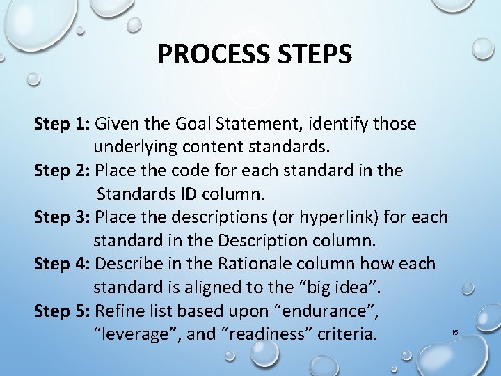 PROCESS STEPS Step 1: Given the Goal Statement, identify those underlying content standards. Step