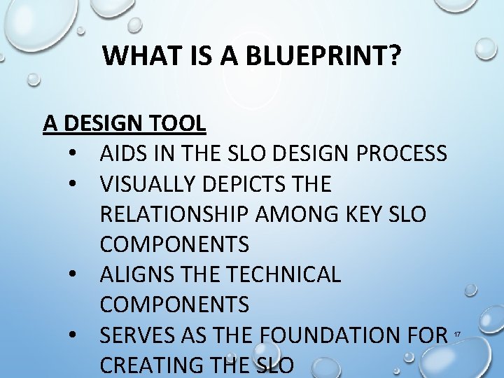 WHAT IS A BLUEPRINT? A DESIGN TOOL • AIDS IN THE SLO DESIGN PROCESS