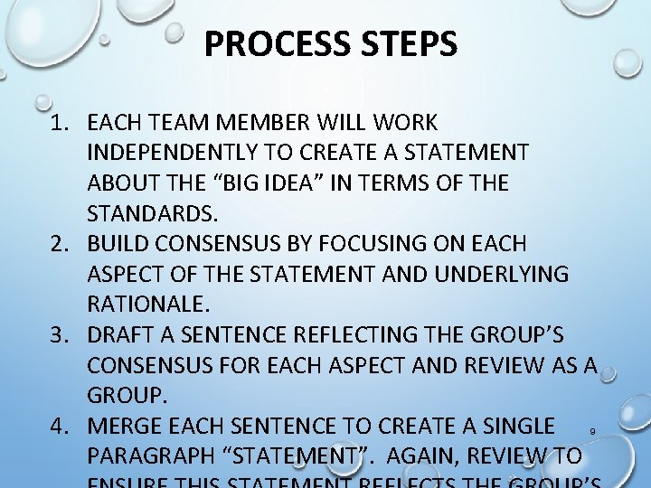 PROCESS STEPS 1. EACH TEAM MEMBER WILL WORK INDEPENDENTLY TO CREATE A STATEMENT ABOUT