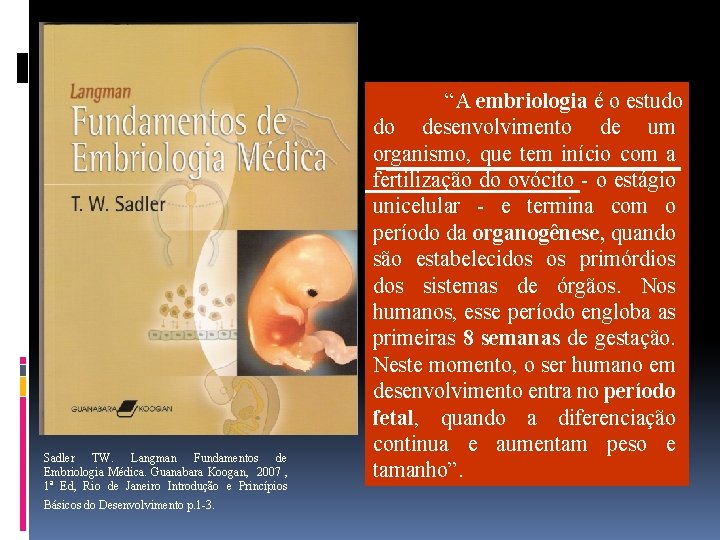 Sadler TW. Langman Fundamentos de Embriologia Médica. Guanabara Koogan, 2007 , 1ª Ed, Rio