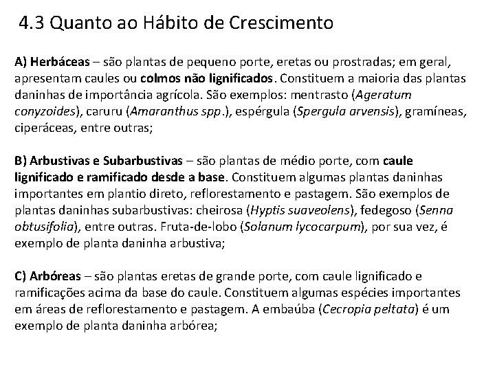 4. 3 Quanto ao Hábito de Crescimento A) Herbáceas – são plantas de pequeno