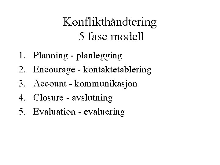 Konflikthåndtering 5 fase modell 1. 2. 3. 4. 5. Planning - planlegging Encourage -