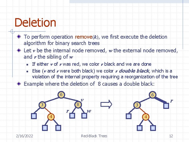 Deletion To perform operation remove(k), we first execute the deletion algorithm for binary search