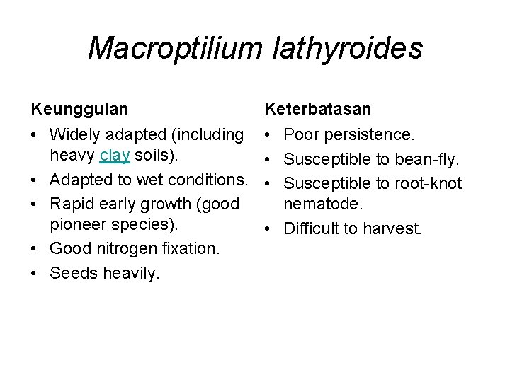 Macroptilium lathyroides Keunggulan Keterbatasan • Widely adapted (including heavy clay soils). • Adapted to