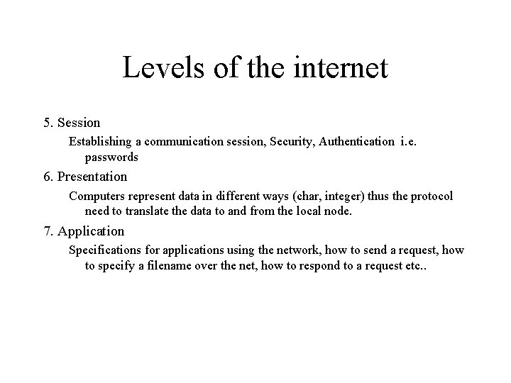 Levels of the internet 5. Session Establishing a communication session, Security, Authentication i. e. Levels of the internet 5. Session Establishing a communication session, Security, Authentication i. e.