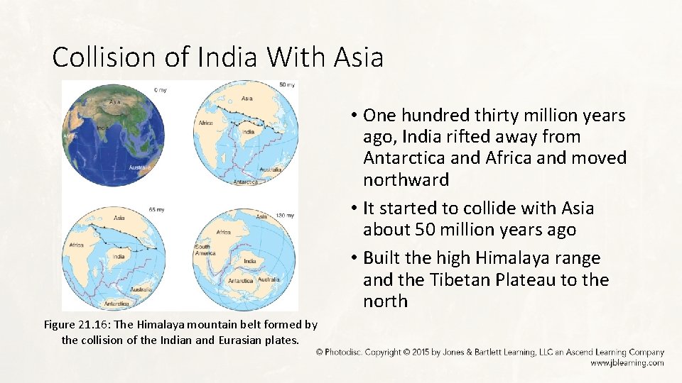 Collision of India With Asia • One hundred thirty million years ago, India rifted