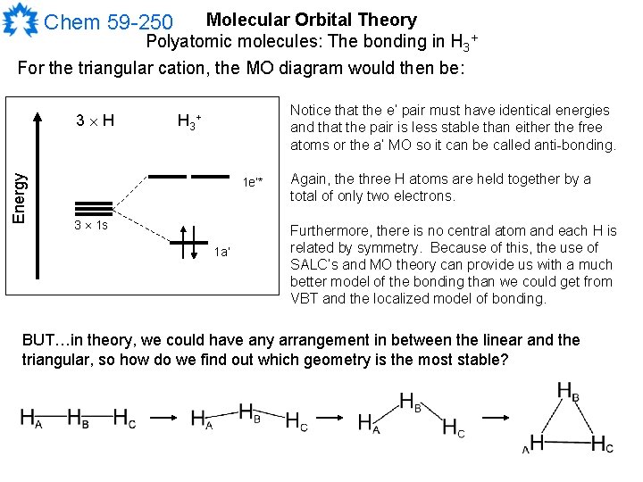 Molecular Orbital Theory Polyatomic molecules: The bonding in H 3+ For the triangular cation,