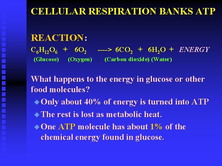 CELLULAR RESPIRATION BANKS ATP REACTION: C 6 H 12 O 6 + 6 O