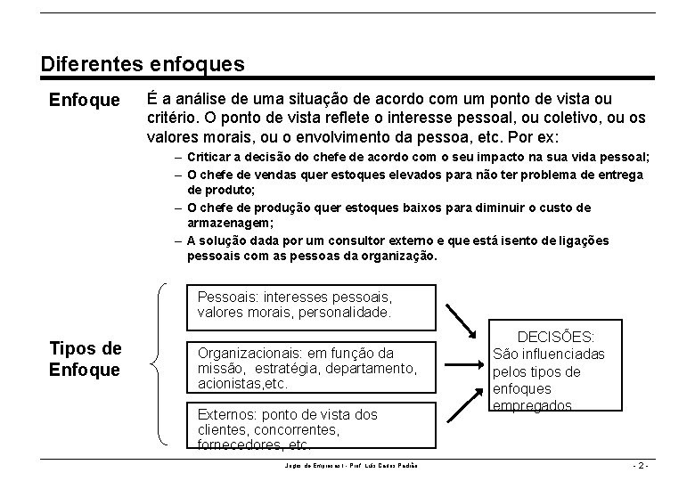 Diferentes enfoques Enfoque É a análise de uma situação de acordo com um ponto