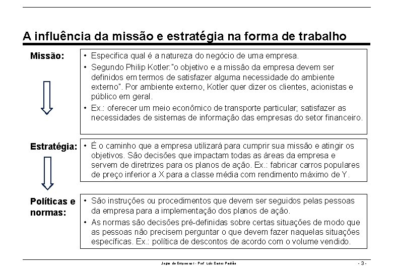 A influência da missão e estratégia na forma de trabalho Missão: • Especifica qual