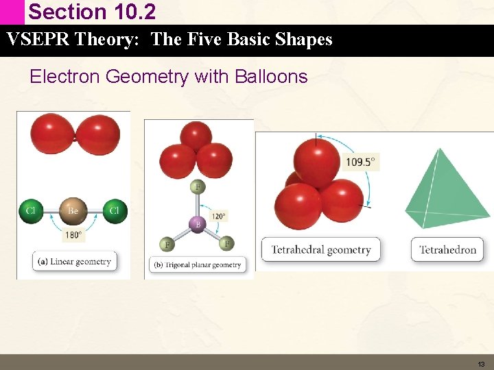 Section 10. 2 VSEPR Theory: The Five Basic Shapes Electron Geometry with Balloons 13 Section 10. 2 VSEPR Theory: The Five Basic Shapes Electron Geometry with Balloons 13