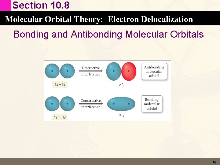 Section 10. 8 Molecular Orbital Theory: Electron Delocalization Bonding and Antibonding Molecular Orbitals 76 Section 10. 8 Molecular Orbital Theory: Electron Delocalization Bonding and Antibonding Molecular Orbitals 76