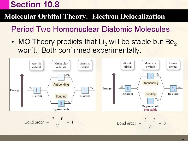 Section 10. 8 Molecular Orbital Theory: Electron Delocalization Period Two Homonuclear Diatomic Molecules • Section 10. 8 Molecular Orbital Theory: Electron Delocalization Period Two Homonuclear Diatomic Molecules •