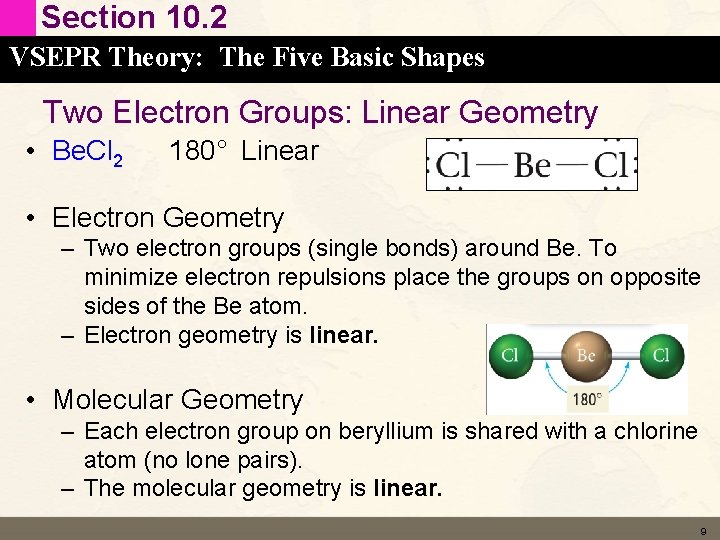 Section 10. 2 VSEPR Theory: The Five Basic Shapes Two Electron Groups: Linear Geometry Section 10. 2 VSEPR Theory: The Five Basic Shapes Two Electron Groups: Linear Geometry