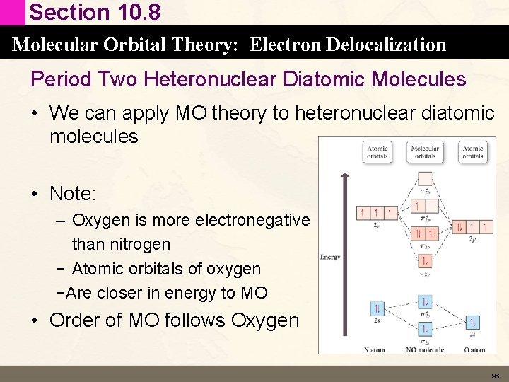 Section 10. 8 Molecular Orbital Theory: Electron Delocalization Period Two Heteronuclear Diatomic Molecules • Section 10. 8 Molecular Orbital Theory: Electron Delocalization Period Two Heteronuclear Diatomic Molecules •
