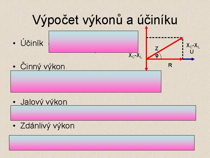 Výpočet výkonů a účiníku • Účiník XC-XL • Činný výkon • Jalový výkon •