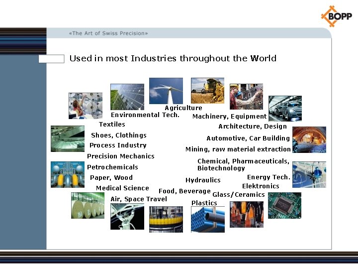 Used in most Industries throughout the World Agriculture Environmental Tech. Machinery, Equipment Textiles Architecture,
